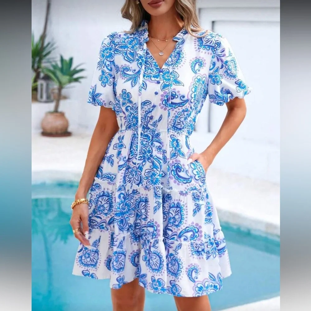 Blue and white floral print dress